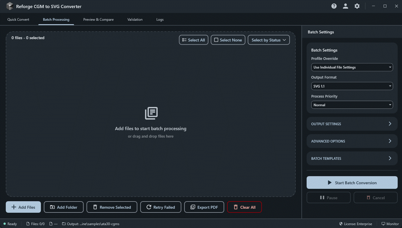 Reforge CGM to SVG converter application interface in dark mode