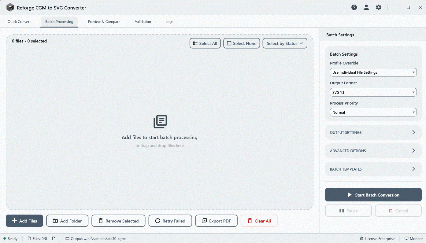 Reforge CGM to SVG converter application interface in light mode